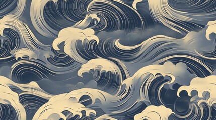 A repeating Great Wave pattern featuring classic Japanese wave forms, with swirling ocean crests and seamless flow