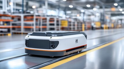 Obraz premium Automated Guided Vehicle AGV Transport System in Modern Warehouse