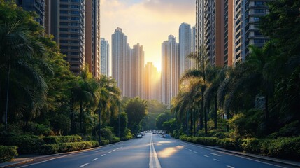 As the sun sets, golden light filters through skyscrapers, illuminating a lively urban district with lush palm trees