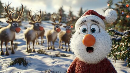Surprised Santa Claus with Reindeer in Winter Wonderland