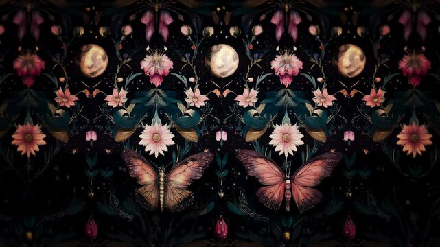 Gothic dark night garden with butterfly moth loopable animation