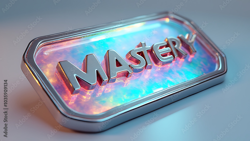 Aufkleber sleek metallic frame holds holographic base pairs spelling mastery in futuristic 3d design.