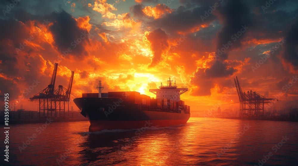 Poster The scene features a cargo ship navigating through a harbor at sunset, surrounded by striking clouds and the silhouettes of cranes, creating a vivid display of colors.