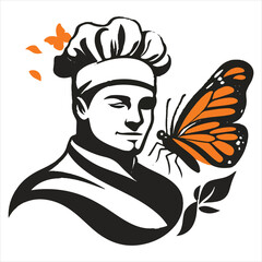Restaurant logo of a chef cooking and a monarch butterfly on a white background
