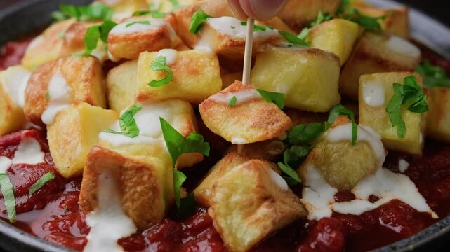 Eating Patatas bravas, spanish deep fried potatoes with spicy sauce and garlic aioli