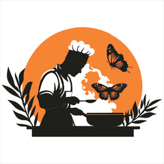 Restaurant logo of a chef cooking and a monarch butterfly on a white background
