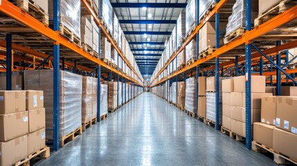 Warehouse Storage Shelves with Cardboard Boxes and Pallets