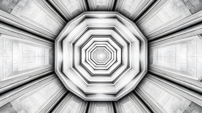 Abstract symmetrical architectural pattern with geometric shapes in monochrome