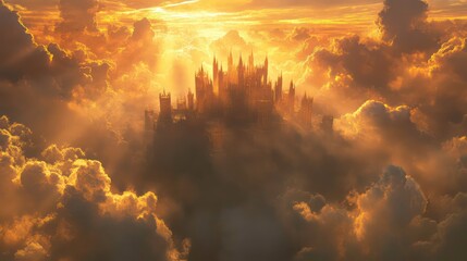 Naklejka premium A majestic castle sits atop a cloud in a breathtaking sunset. The castle is bathed in golden light, with the sky filled with fluffy clouds.