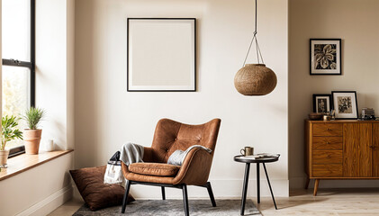 A stylish reading nook featuring a cozy armchair with a grey pillow, a framed mockup  for artwork on the wall. Modern design