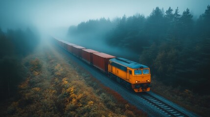 Obraz premium A yellow freight train moves slowly along tracks surrounded by dense fog and lush trees, highlighting the quiet, early morning atmosphere.