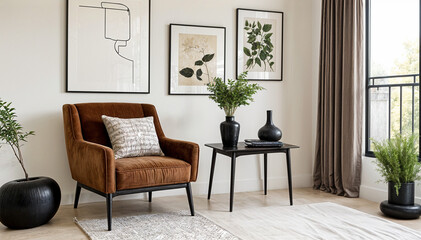 A stylish reading nook featuring a cozy armchair with a grey pillow, a framed artworks on the wall. Modern design