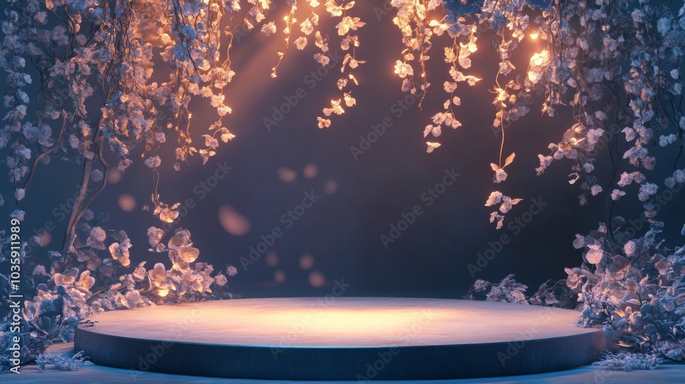 Poster the stage features delicate flowers hanging from above, illuminated by soft lights, creating a magic