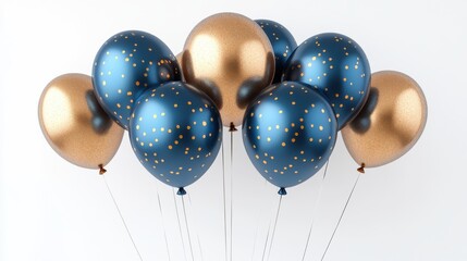 Elegant blue and gold balloons with glittering polka dots against a white backdrop.