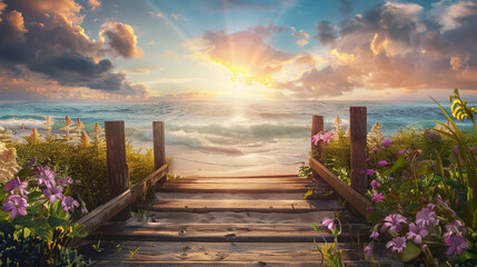 wooden bridge and flowers with the sea in sunset