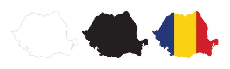 Romania map in various style outline, icon, black color, border, flag colors. Europe country icons collection. Vector illustration