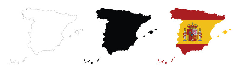Spain map in various style outline, icon, black color, border, flag colors. España Europe country icons collection. Vector illustration