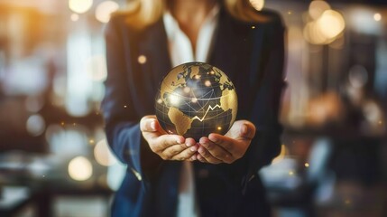 Fototapeta premium Balancing Profitability and Sustainability - Businesswoman Holding Globe and Graph