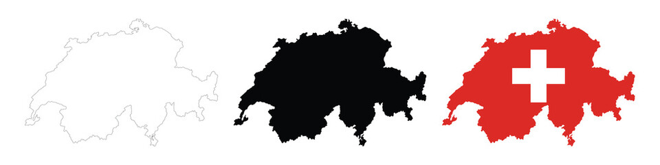 Switzerland map in various style outline, icon, black color, border, flag colors. Swiss Europe country icons collection. Vector illustration