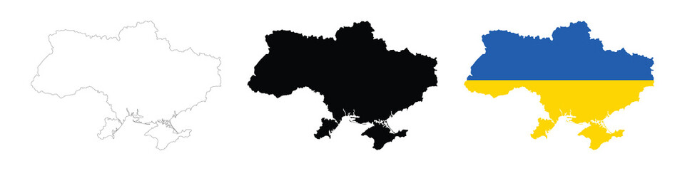 Ukraine map in various style outline, icon, black color, border, flag colors. Europe country icons collection. Vector illustration