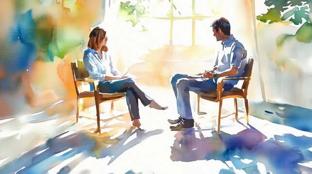 Watercolor Therapy Session Depicting Emotional Dialogue - Powered by Adobe