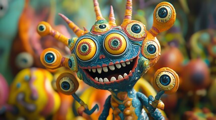 Fototapeta premium A colorful and whimsical creative character with multiple eyes and a big smile, perfect for illustrations and imaginative design projects.