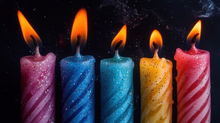 Vibrant and glittering candles burning brightly in the dark, celebrating a festive occasion with colorful flames.