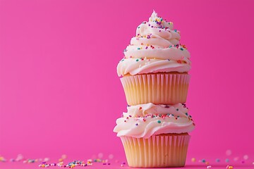 A stack of frosted cupcakes with sprinkles, placed on a bright pink background.