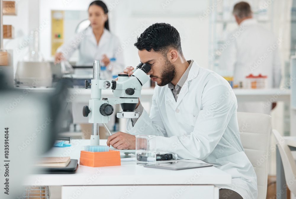 Poster man, scientist and check with microscope in lab with disease experiment, medical study and dna proce