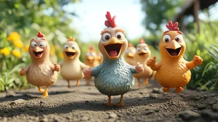 Naadloos Fotobehang Airtex A vibrant scene featuring a group of cheerful cartoon chickens playfully running down a dirt path, surrounded by lush greenery and colorful flowers. © Generative by J