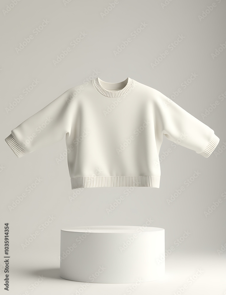 Aufkleber the white sweater floats above a podium in soft light emphasizing its simple design.