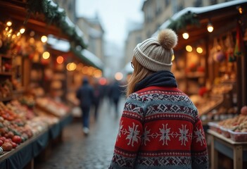Obraz premium A person wearing a knitted hat and a colorful sweater browses through a vibrant winter market filled with local products and festive decorations, capturing the holiday spirit