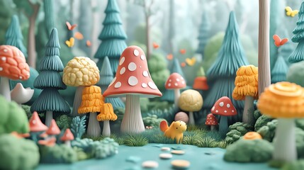 Fototapeta premium A whimsical forest scene featuring colorful mushrooms, playful trees, and fluttering butterflies, inviting imagination and exploration in a vibrant natural setting.