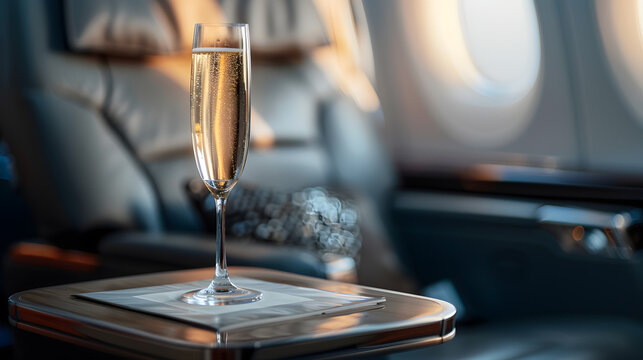 Indulge in luxury while traveling first class on a premium airline with a glass of champagne. Discover elegant comforts and refined sophistication during your flight experience