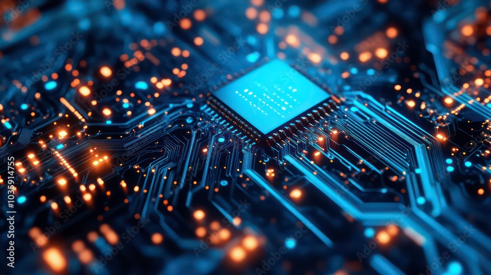 Poster close-up of a computer chip with glowing circuits.