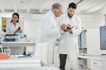 Scientist, men and writing in notebook in lab for disease experiment, medical study and dna...