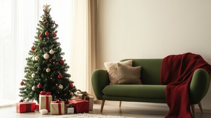 Minimalist Christmas tree design with green and red tones, exuding modern elegance and seasonal cheer for chic holiday visuals