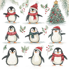 Christmas Clip art penguins with a hat that says penguin watercolor Illustration Background.