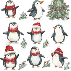 Christmas Clip art penguins with a hat that says penguin watercolor Illustration Background.