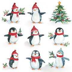 Christmas Clip art penguins with a hat that says penguin watercolor Illustration Background.