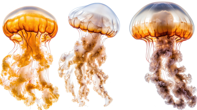 Three Jellyfish Species in Vibrant Colors Isolated on White Background Generative AI