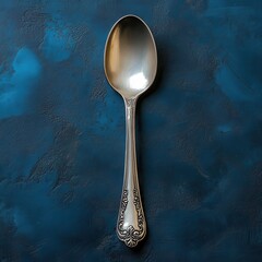 Elegant silver spoon with ornate design on rich blue textured background.