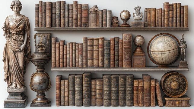 Naklejki Vintage bookshelf with classic books, a globe, and decorative art pieces evoking an atmosphere of timeless elegance and knowledge.