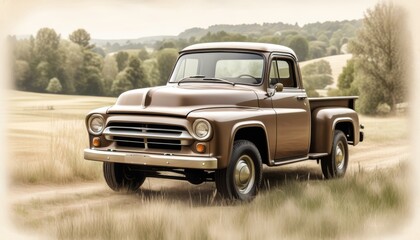 Vintage pickup truck parked on grass with a backdrop of trees. Illustration by Generative AI.