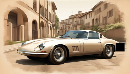 A golden vintage sports car is parked in front of an old building with towers and arches. The car features a sleek design with round headlights and wire-spoked wheels. Illustration by Generative AI.