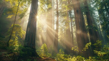 Obraz premium A dense forest with towering redwood trees and sunlight streaming through the canopy