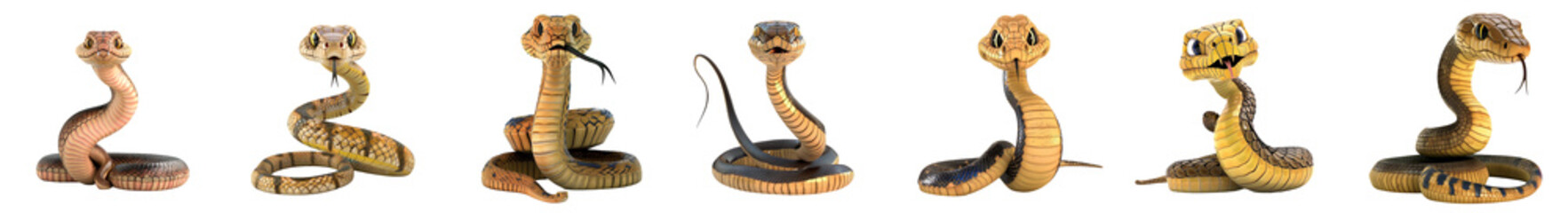 Fototapeta premium Cute little cobra snake mascot posing, 3D cartoon illustration, isolated on white background, cute animated style, beautiful colors, generative ai