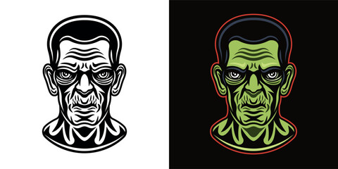 Halloween monster head frankenstein vector illustration set of two styles, black on white and colored