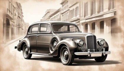 Fototapeta premium A vintage black and white sketch of a classic luxury car with large round headlights and elegant curves. The car features sophisticated 1930s design. Illustration by Generative AI.