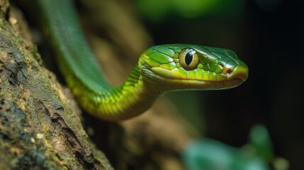 Fototapeta premium Close-up of a green wood snake slithering along the bark of a tree. Its bright scales and expressive eyes attract attention, creating a feeling of wild nature.